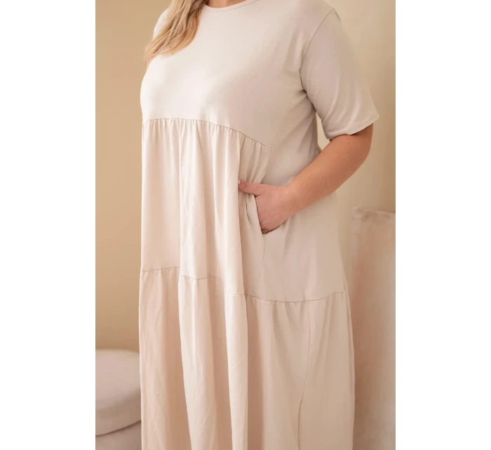 Dámské bavlněné šaty Plus Size s krátkým rukávem a volánem béžová