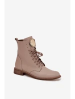 Kožené dámské kotníkové boty na plochém podpatku se zlatým detailem Zazoo 3084 béžové