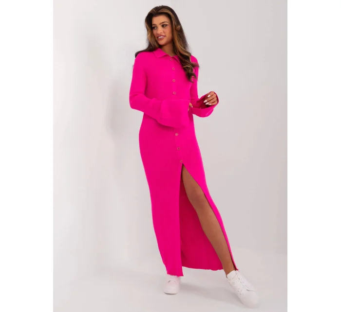 Dámské maxi šaty v růžové fluorescenční barvě se zapínáním na knoflíky model 20137738 - Factory Price