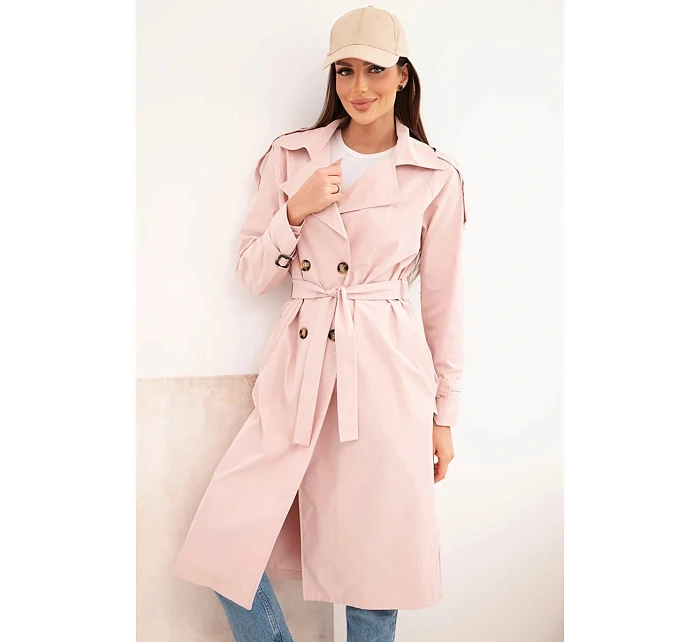 Dámský kabát model 22084717 v pase s límcem tmavý pudrový růžový - K-Fashion Dámský kabát model 22084717 v pase s límcem tmavý pudrový růžový - K-Fashion