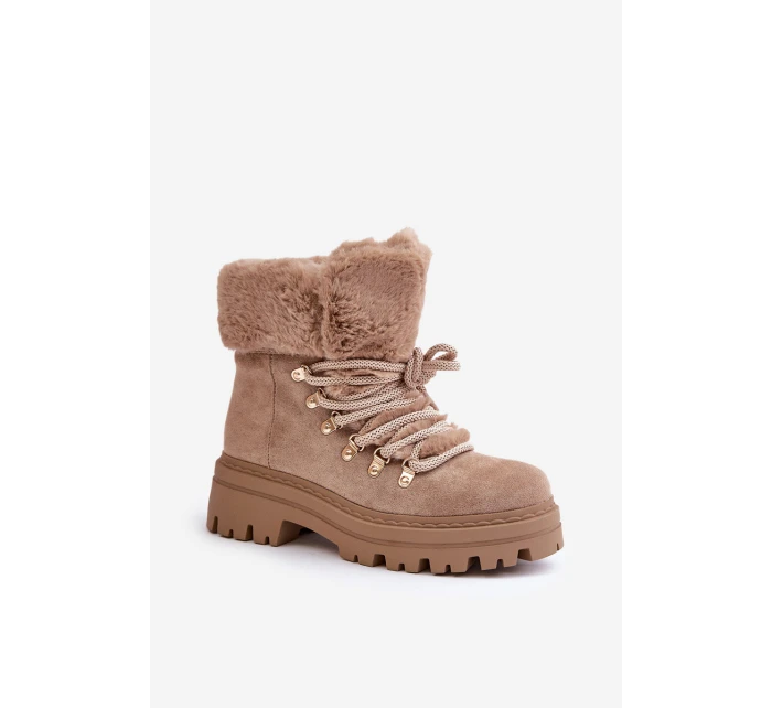 Dámské Šněrovací Boty S Kožíškem Tmavě Béžové model 21679550 - Boto
