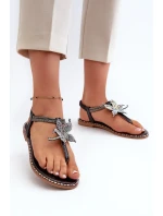 Dámské ploché sandály s ozdobnou květinou, Black Edoni Dámské ploché sandály s ozdobnou květinou, Black Edoni