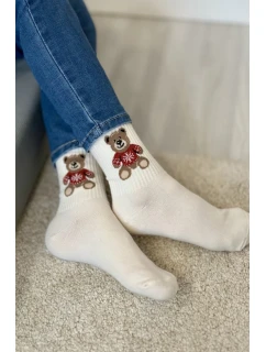 Dětské a juniorské ponožky s medvídkem ve svetru – ecru