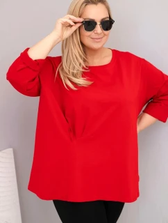 Dámská plus size blůza s bavlnou, dlouhým rukávem a řasením červená