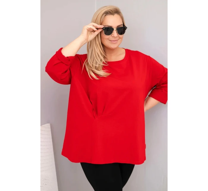 Dámská plus size blůza s bavlnou, dlouhým rukávem a řasením červená