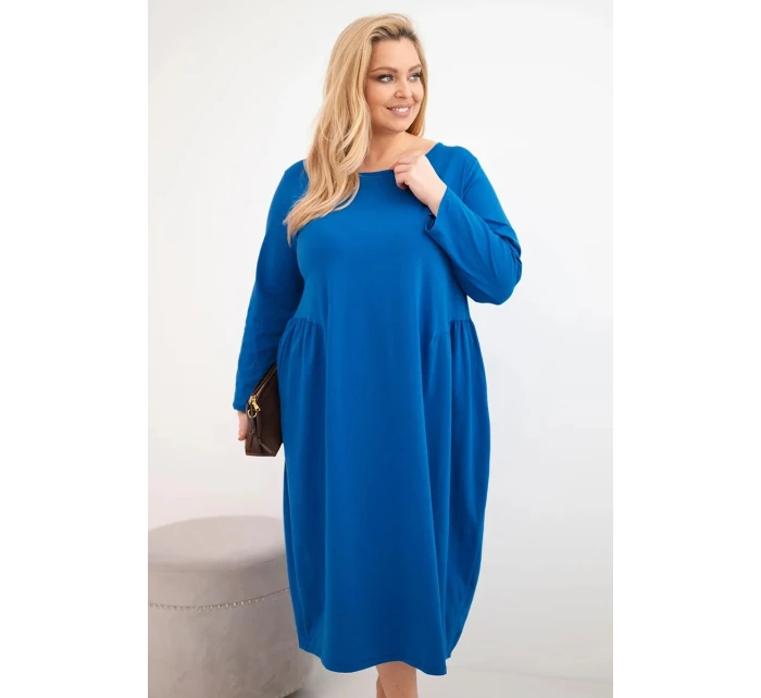 Dámská plus size bavlněná šaty s dlouhým rukávem a nařasením v pase chabrová