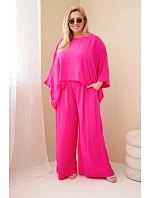 Dámský komplet Plus Size z viskózy se širokými kalhotami a halenkou fuchsiová