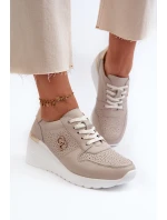 Dámské kožené tenisky na podpatku béžové model 21659717 - S.Barski