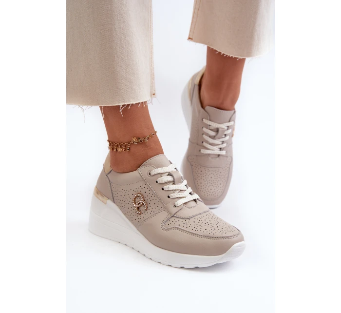 Dámské kožené tenisky na podpatku béžové model 21659717 - S.Barski