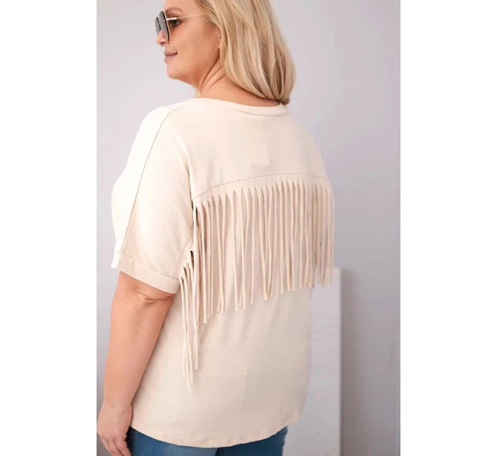 Dámská bavlněná halenka s výstřihem do V a třásněmi na zádech béžová