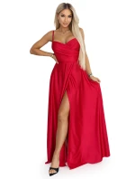 646-3 Dlouhé společenské šaty bez ramínek s rozparkem na nohou - červené