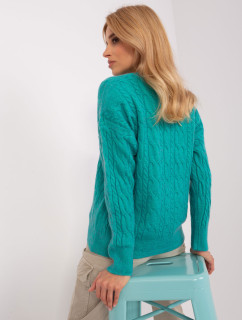 Tyrkysový svetr s kabely a kulatým výstřihem