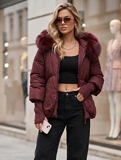 Dámská zimní prošívaná bunda s kožešinovým lemem, vínová, FashionStreet TY5992