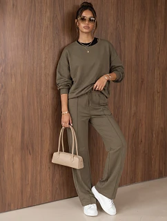 Komplet damski dresowy z szerokimi spodniami khaki FashionStreet AY1229