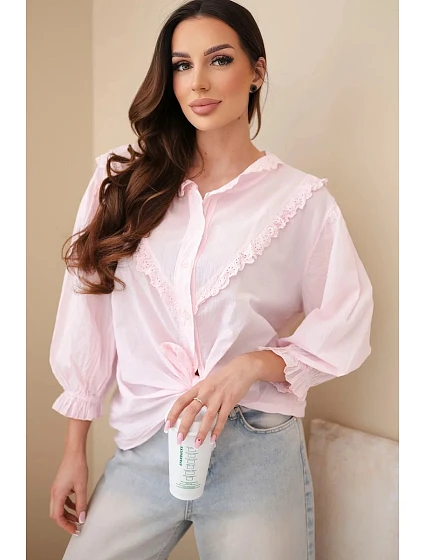 Dámská bavlněná košile s krajkou a zavazováním bonbónově růžová