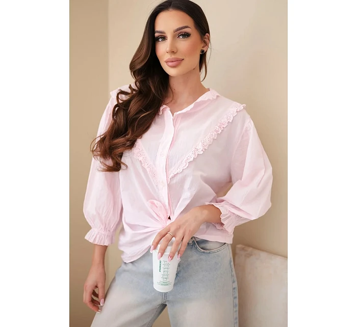 Dámská bavlněná košile s krajkou a zavazováním bonbónově růžová