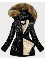 Černo/hnědá lesklá zimní bunda s mechovitým kožíškem (W756)
