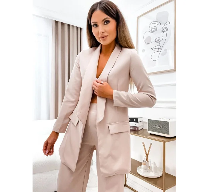 Béžový dámský komplet - volné sako a široké kalhoty (8167)