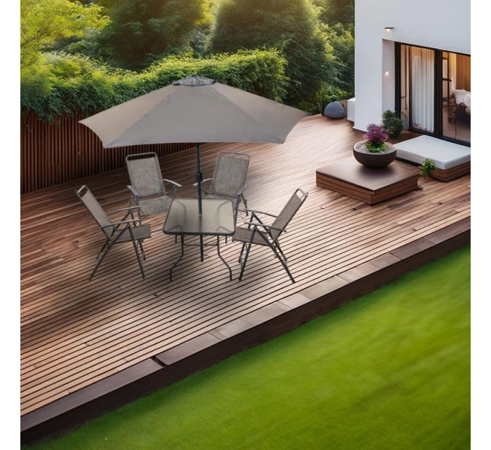 SADA ZAHRADNÍHO NÁBYTKU SYDNEY STŮL 4 ŽIDLE A SLUNEČNÍK ŠEDÁ