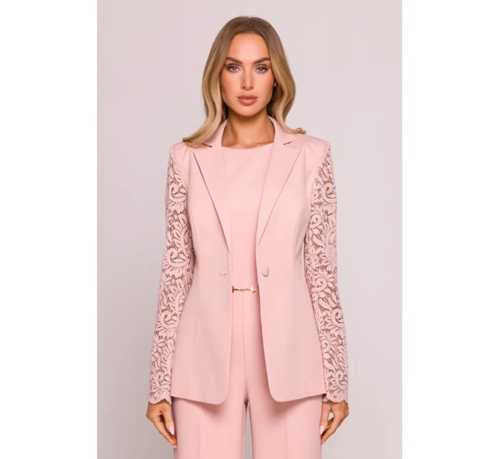 M865 Blejzr s krajkovými panely a jedním knoflíkem - pudrový