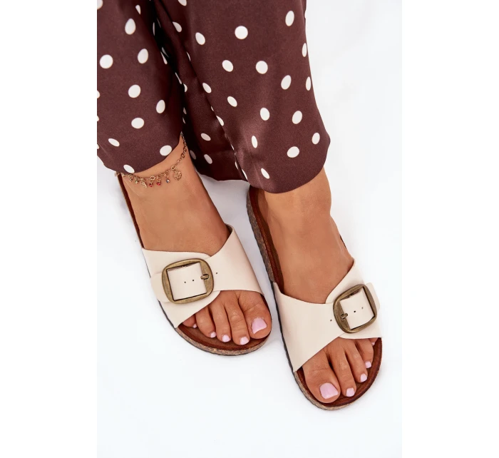 Dámské pantofle na korkové platformě s přezkou – béžové Vianara