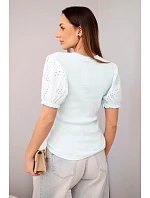 Dámská bavlněná žebrovaná halenka s nabíraným rukávem a knoflíky světle mátová