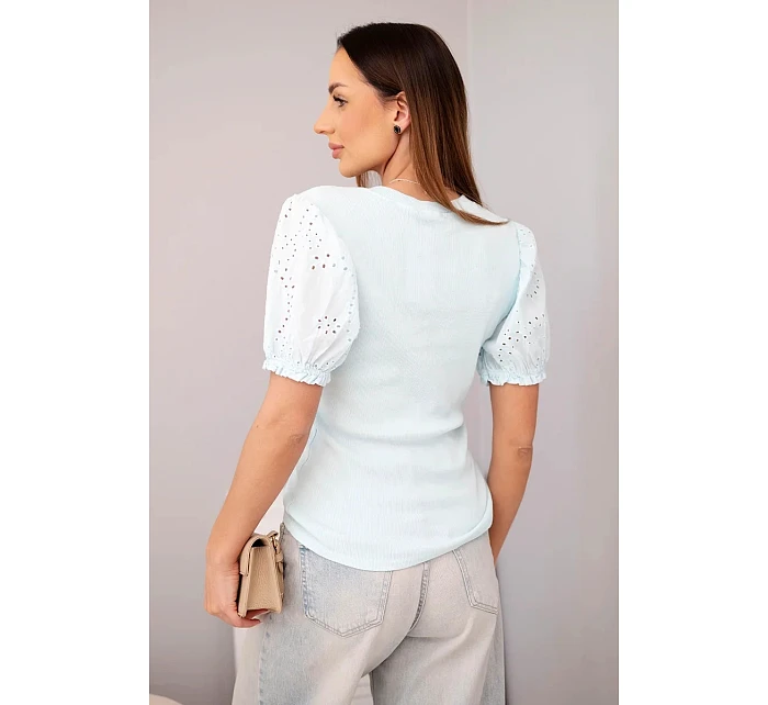 Dámská bavlněná žebrovaná halenka s nabíraným rukávem a knoflíky světle mátová