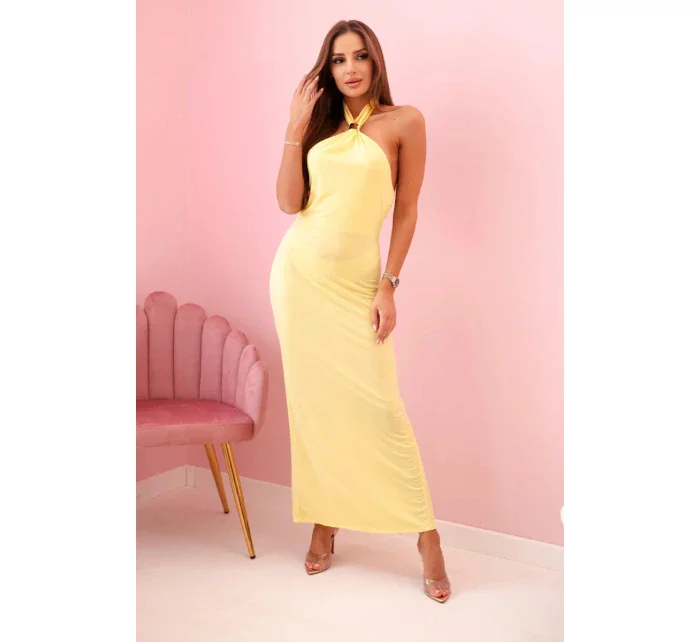 Dámská maxi šaty s odhalenými zády a řasením - žluté