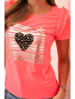 Dámská bavlněná blůza s volánem a srdcem z kamínků růžový neon