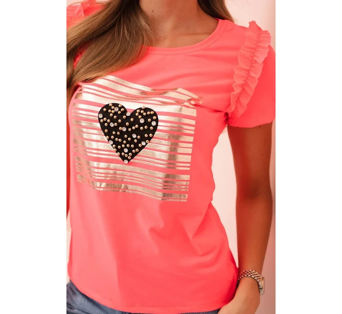 Dámská bavlněná blůza s volánem a srdcem z kamínků růžový neon
