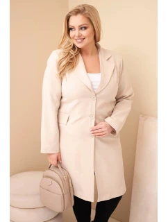 Dámský kabát Plus Size dlouhý s límcem a kapsami béžový