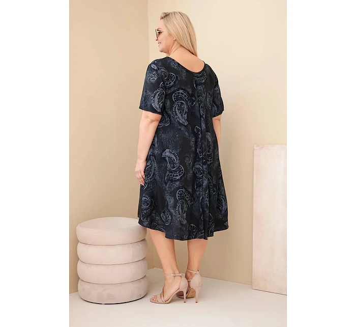 Dámské viskózové šaty Plus Size s krátkým rukávem a paisley střihem černá