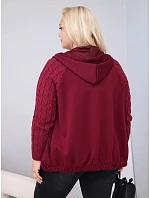 Dámská bavlněná mikina Plus Size s pletenými rukávy a kapucí bordó červená Dámská bavlněná mikina Plus Size s pletenými rukávy a kapucí bordó červená