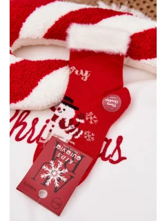 Dětské vánoční ponožky s kožíškem a sněhulákem z alpaka vlny – červené