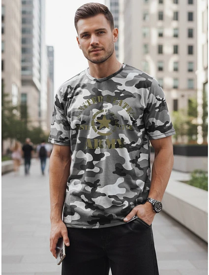 Pánské tričko s potiskem v kamuflážovém vzoru, šedé, FashionStreet NX2002R Pánské tričko s potiskem v kamuflážovém vzoru, šedé, FashionStreet NX2002R