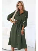 model 21146238 Midi košilka se zlatými knoflíky a vázáním KHAKI - numoco basic