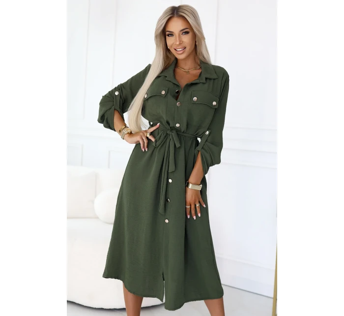model 21146238 Midi košilka se zlatými knoflíky a vázáním KHAKI - numoco basic