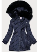 Tmavě modrá prošívaná dámská zimní bunda s kapucí (w732) Tmavě modrá prošívaná dámská zimní bunda s kapucí (w732)