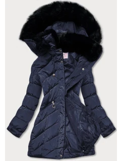 Tmavě modrá prošívaná dámská zimní bunda s kapucí (w732)