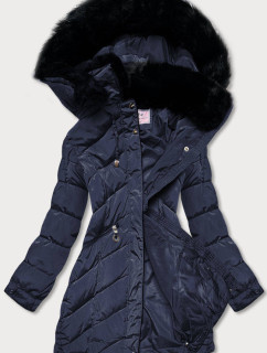 Tmavě modrá prošívaná dámská zimní bunda s kapucí (W732)