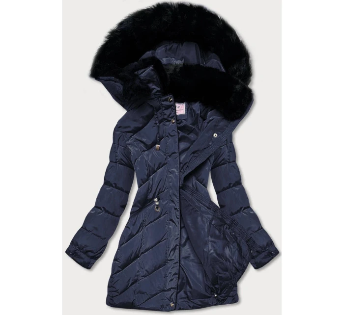 Tmavě modrá prošívaná dámská zimní bunda s kapucí (w732) Tmavě modrá prošívaná dámská zimní bunda s kapucí (w732)