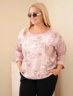 Dámská bavlněná halenka Plus Size s potiskem a výstřihem U růžová tmavá pudrová