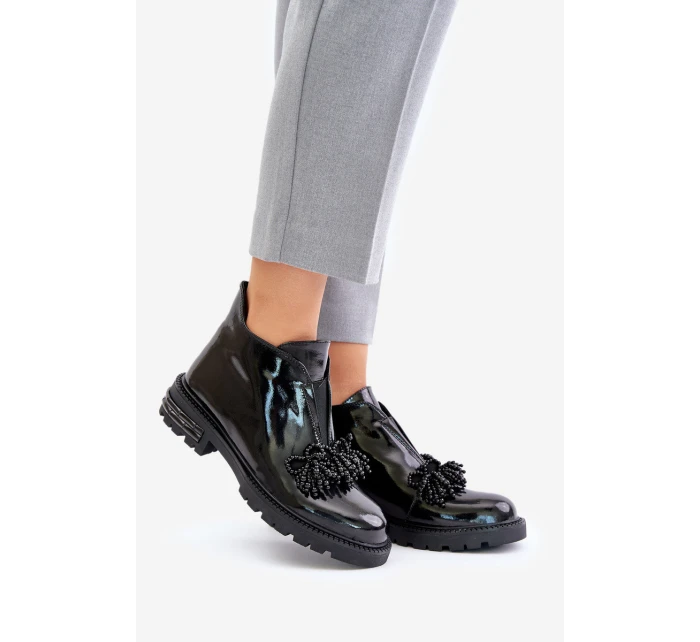 Kožené Lakované Botky S Dekorací Zateplené D&A LZ42-036 Černé