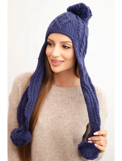 Dámská zimní čepice z vlny s bambulemi a prodlouženými stranami K448 fialová