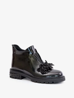 Kožené Lakované Kotníkové Boty s Ozdobou Zateplené D&A Černé