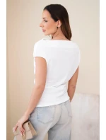 Dámská žebrovaná halenka z viskózy s model 22030152 výstřihem a nařasením ecru - K-Fashion