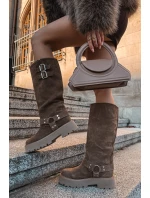 Kožené semišové dámské kozačky s přezkami zateplené Big Star OO274A182 béžové Kožené semišové dámské kozačky s přezkami zateplené Big Star OO274A182 béžové