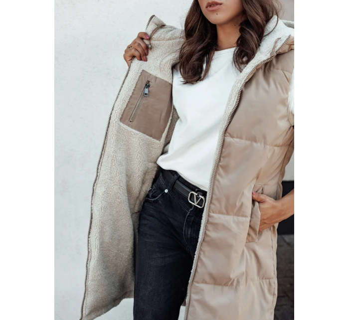 COSYVIVA dámská dlouhá prošívaná vesta s kapucí béžová FashionStreet TY4602