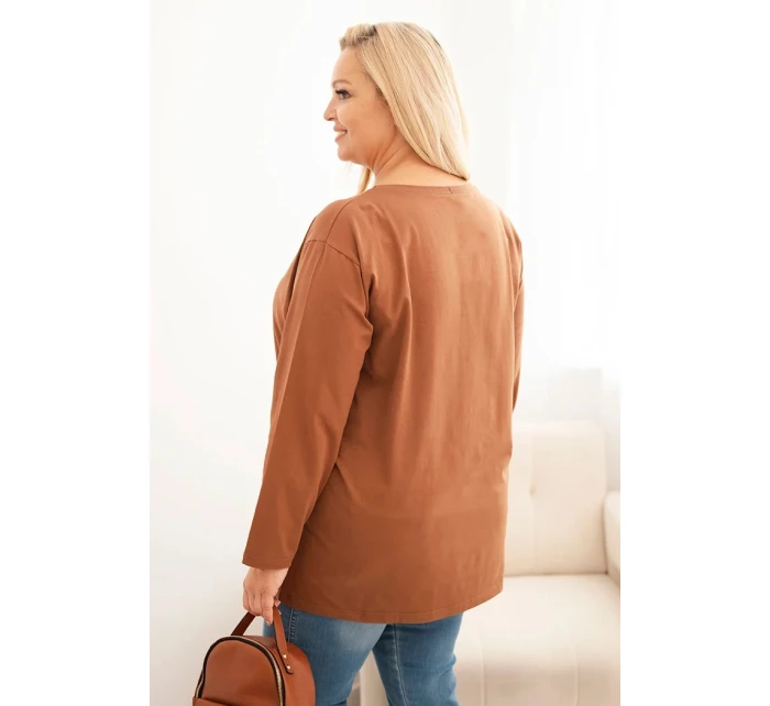 Dámská blůza Plus Size bavlněná s kulatým výstřihem camelová