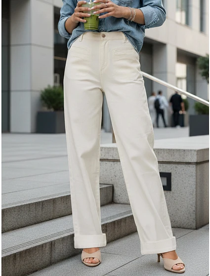 Dámské džíny s vysokým pasem a širokými nohavicemi krémové FashionStreet UY2938